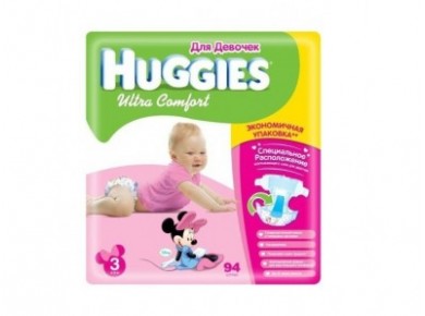 Подгузники HUGGIES Ultra comfort для девочек 3 (5-9кг), 94шт