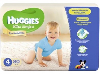 Подгузники HUGGIES Ultra comfort для мальчиков 4 (8-14кг), 80шт