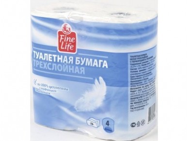 Туалетная бумага FINE LIFE белая 3сл, 4рулона