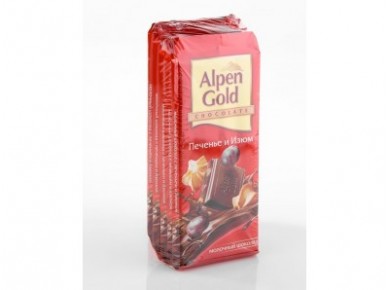 Шоколад ALPEN GOLD молочный с печеньем и изюмом, 100 г, 5 штук