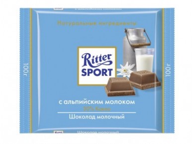 Шоколад RITTER SPORT молочный с альпийским молоком, 100г, 1 штука