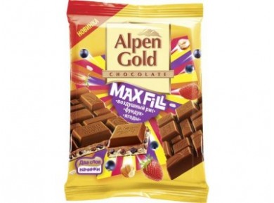 Шоколад ALPEN GOLD Max Fill с воздушным рисом, ягодами и фундуком, 85г, 1 штука