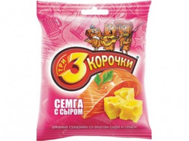 Сухарики ТРИ КОРОЧКИ со вкусом семги и сыра, 40г, 5 штук